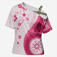 Bula Fiji Cross Shoulder Shirt Pink Plumeria Masi Tapa Pattern - Polynesian Pride