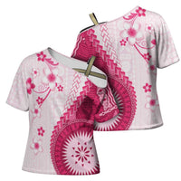 Bula Fiji Cross Shoulder Shirt Pink Plumeria Masi Tapa Pattern - Polynesian Pride