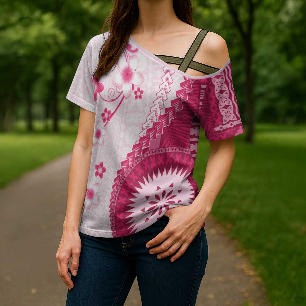 Bula Fiji Cross Shoulder Shirt Pink Plumeria Masi Tapa Pattern - Polynesian Pride