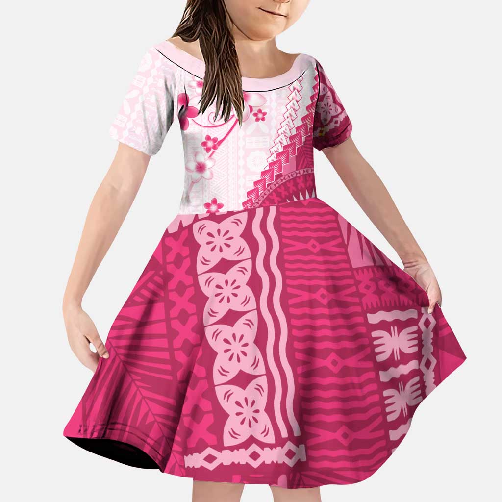 Bula Fiji Family Matching Off The Shoulder Long Sleeve Dress and Hawaiian Shirt Pink Plumeria Masi Tapa Pattern LT05 Daughter's Dress Pink - Polynesian Pride