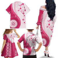 Bula Fiji Family Matching Off The Shoulder Long Sleeve Dress and Hawaiian Shirt Pink Plumeria Masi Tapa Pattern LT05 - Polynesian Pride