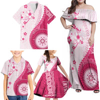 Bula Fiji Family Matching Off Shoulder Maxi Dress and Hawaiian Shirt Pink Plumeria Masi Tapa Pattern LT05 - Polynesian Pride