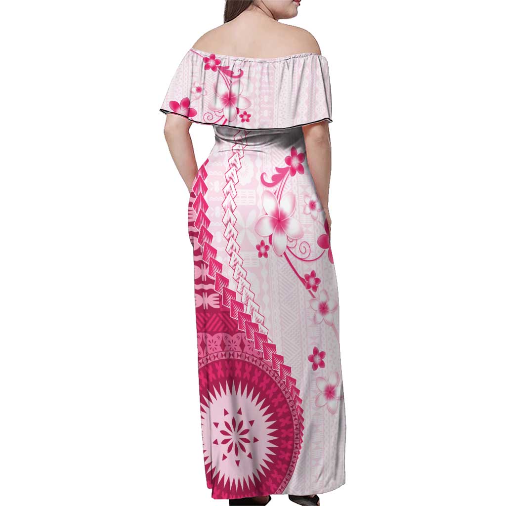 Bula Fiji Family Matching Off Shoulder Maxi Dress and Hawaiian Shirt Pink Plumeria Masi Tapa Pattern LT05 - Polynesian Pride