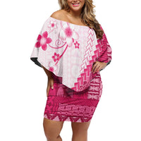 Bula Fiji Family Matching Off Shoulder Short Dress and Hawaiian Shirt Pink Plumeria Masi Tapa Pattern LT05 Mom's Dress Pink - Polynesian Pride