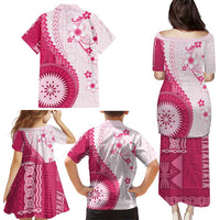 Bula Fiji Family Matching Puletasi and Hawaiian Shirt Pink Plumeria Masi Tapa Pattern - Polynesian Pride