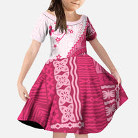Bula Fiji Family Matching Tank Maxi Dress and Hawaiian Shirt Pink Plumeria Masi Tapa Pattern LT05 Daughter's Dress Pink - Polynesian Pride