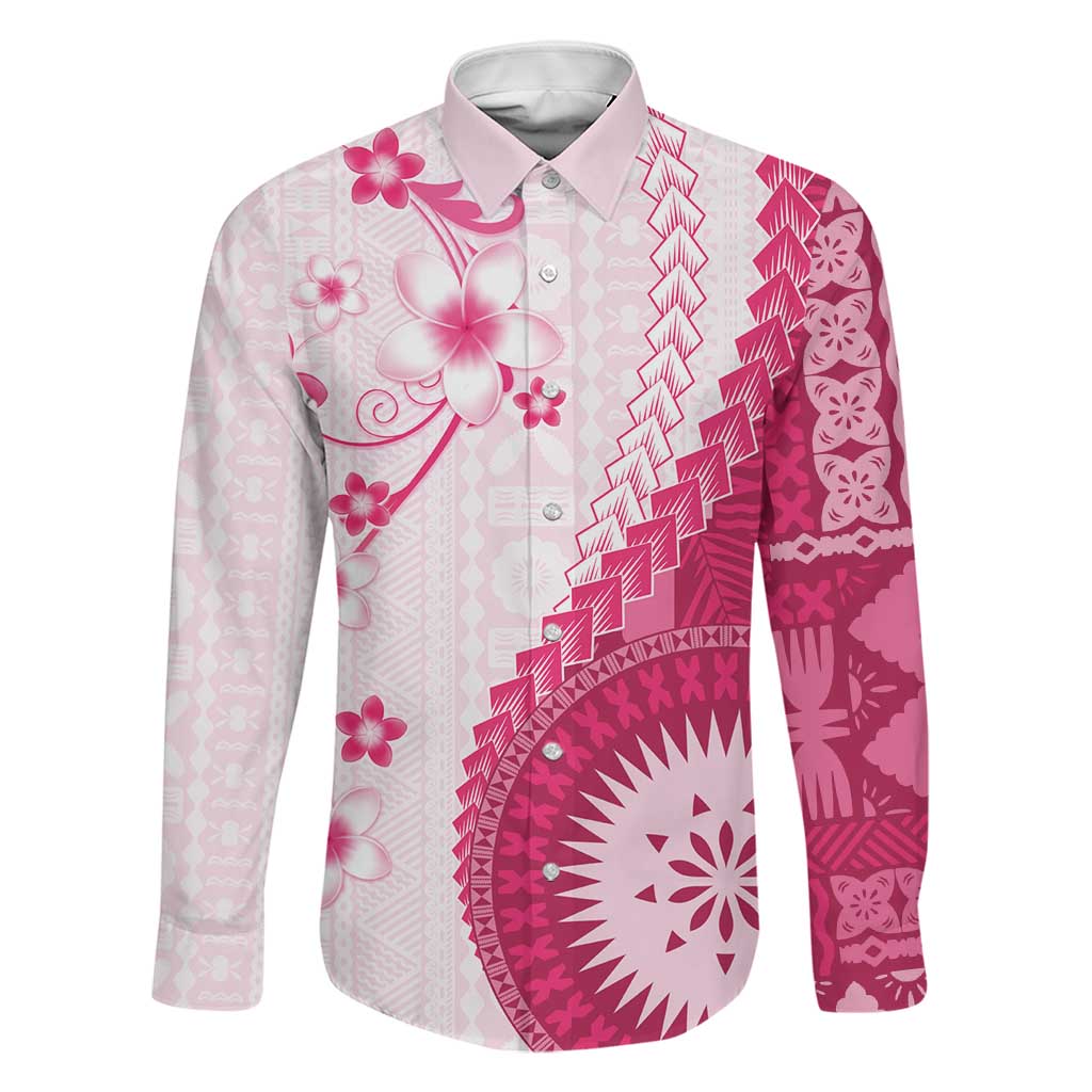 Bula Fiji Family Matching Tank Maxi Dress and Hawaiian Shirt Pink Plumeria Masi Tapa Pattern LT05 Dad's Shirt - Long Sleeve Pink - Polynesian Pride