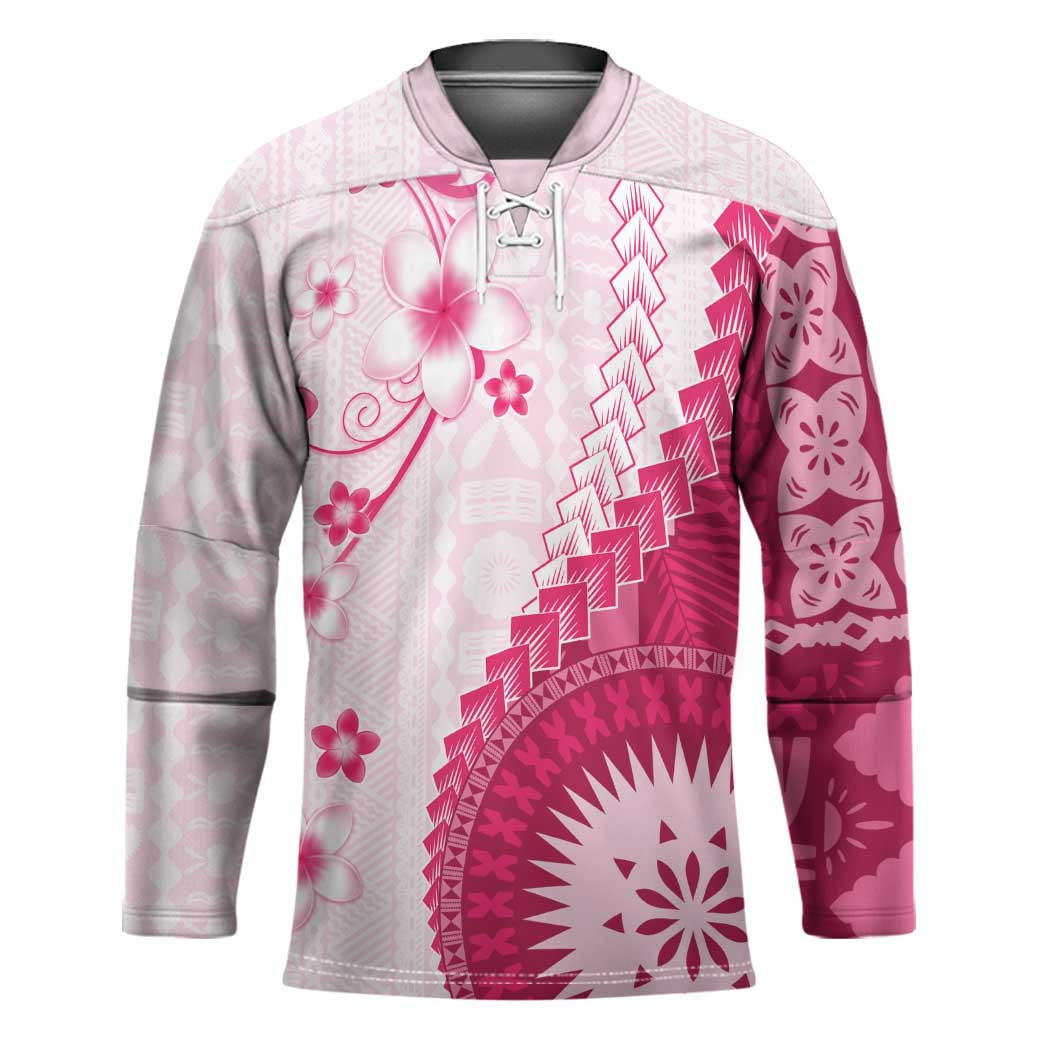 Bula Fiji Hockey Jersey Pink Plumeria Masi Tapa Pattern - Polynesian Pride