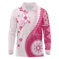 Bula Fiji Long Sleeve Polo Shirt Pink Plumeria Masi Tapa Pattern - Polynesian Pride