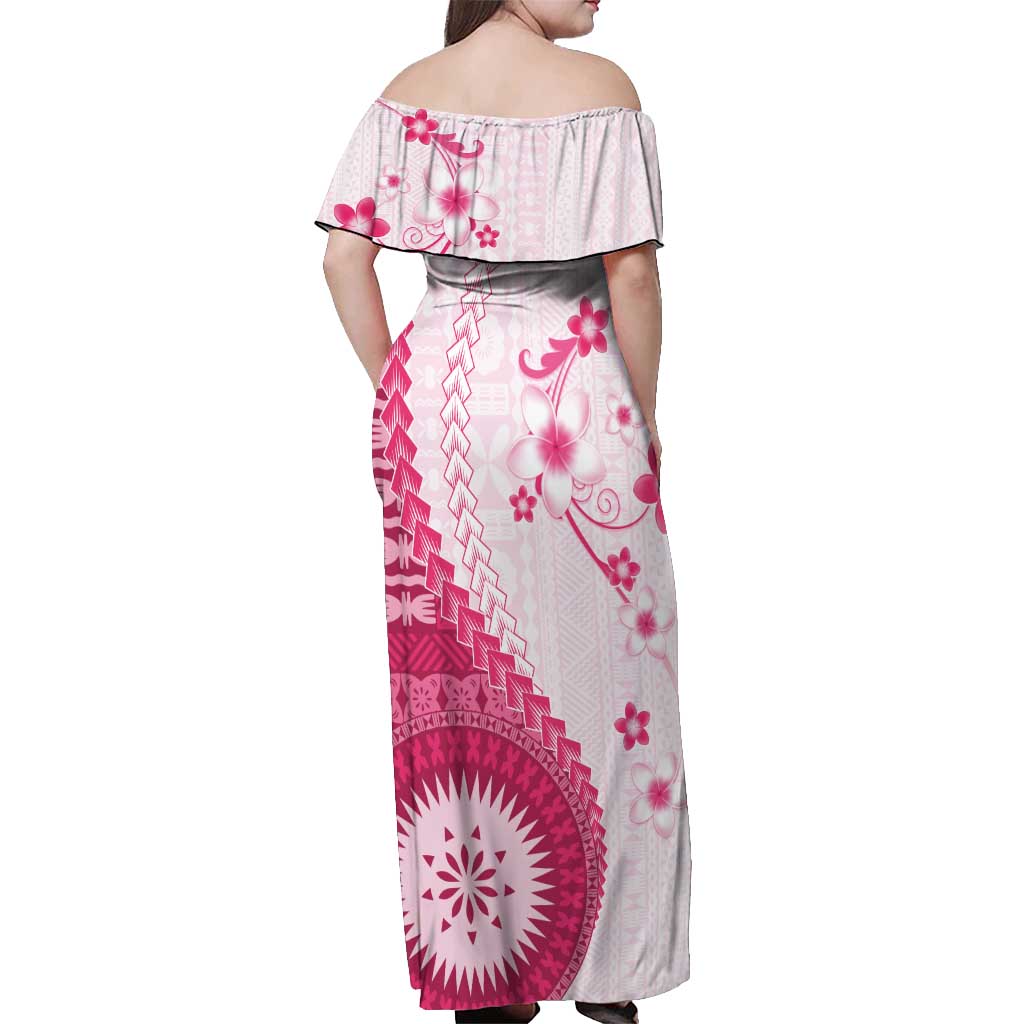 Bula Fiji Off Shoulder Maxi Dress Pink Plumeria Masi Tapa Pattern - Polynesian Pride