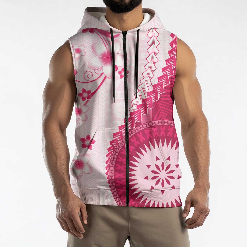 Bula Fiji Sleeveless Zip Hoodie Pink Plumeria Masi Tapa Pattern - Polynesian Pride
