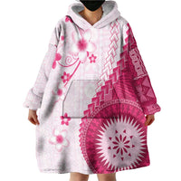 Bula Fiji Wearable Blanket Hoodie Pink Plumeria Masi Tapa Pattern - Polynesian Pride