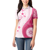 Bula Fiji Women Polo Shirt Pink Plumeria Masi Tapa Pattern - Polynesian Pride