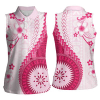 Bula Fiji Women Sleeveless Polo Shirt Pink Plumeria Masi Tapa Pattern - Polynesian Pride