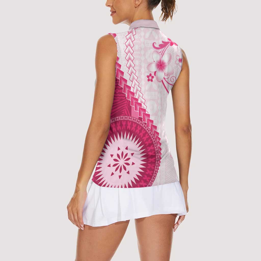 Bula Fiji Women Sleeveless Polo Shirt Pink Plumeria Masi Tapa Pattern - Polynesian Pride