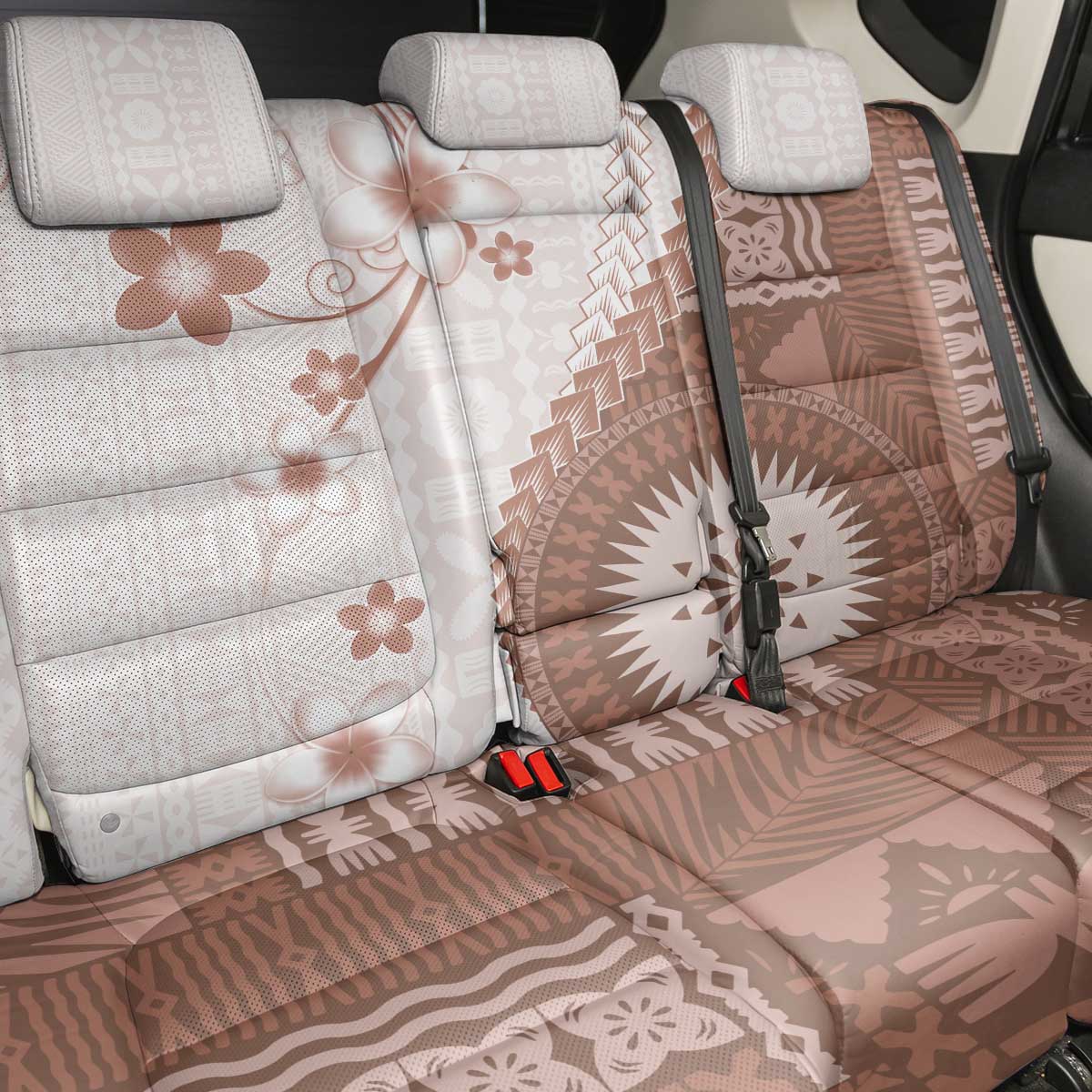 Bula Fiji Back Car Seat Cover Brown Plumeria Masi Tapa Pattern - Polynesian Pride