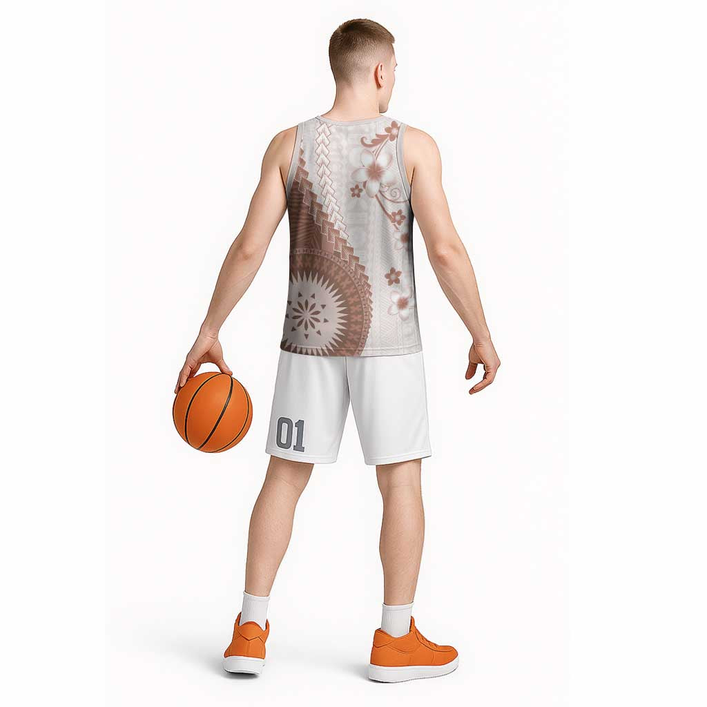Bula Fiji Basketball Jersey Brown Plumeria Masi Tapa Pattern - Polynesian Pride