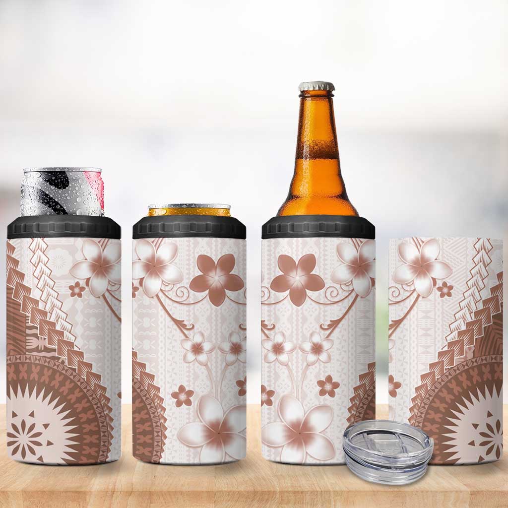 Bula Fiji 4 in 1 Can Cooler Tumbler Brown Plumeria Masi Tapa Pattern - Polynesian Pride