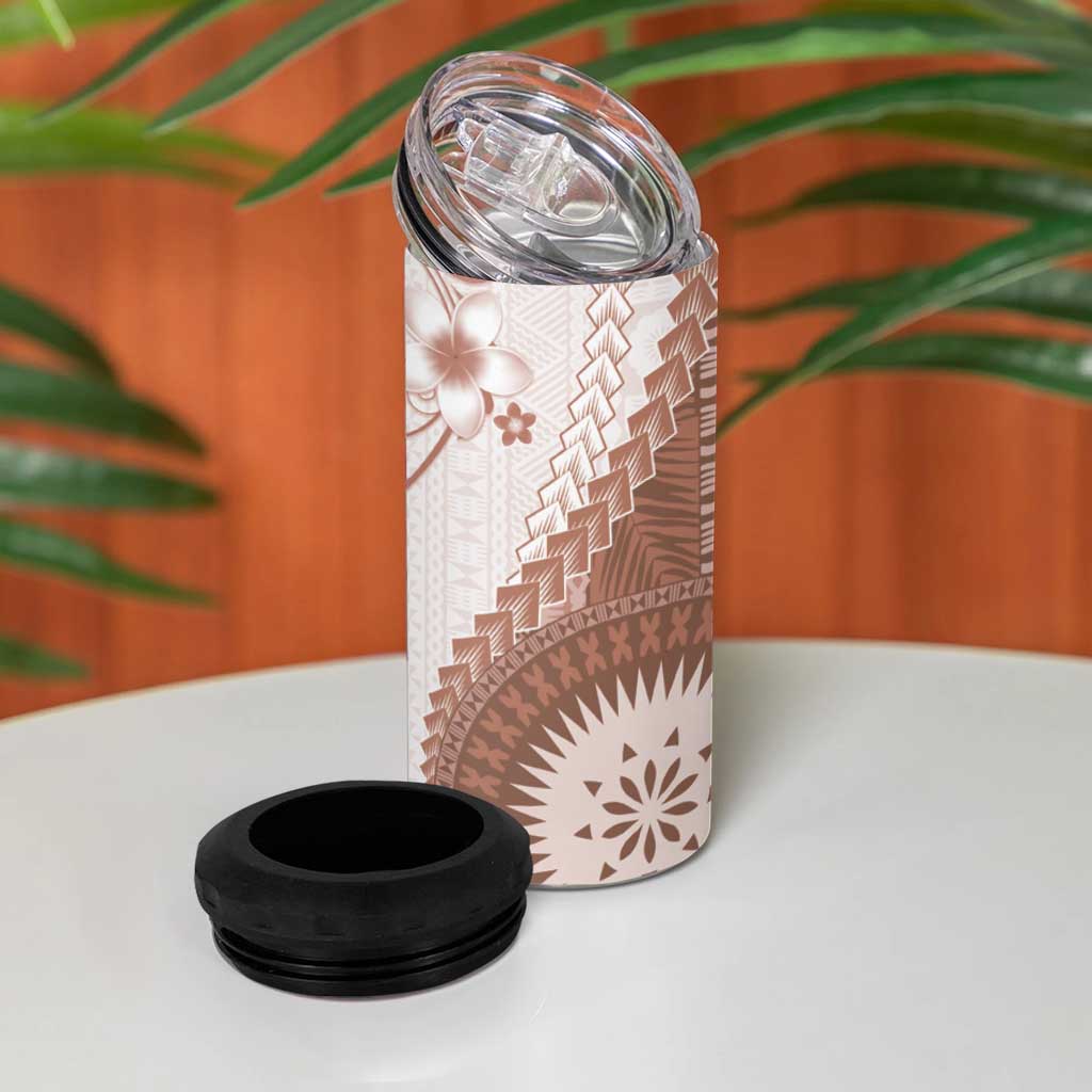 Bula Fiji 4 in 1 Can Cooler Tumbler Brown Plumeria Masi Tapa Pattern - Polynesian Pride