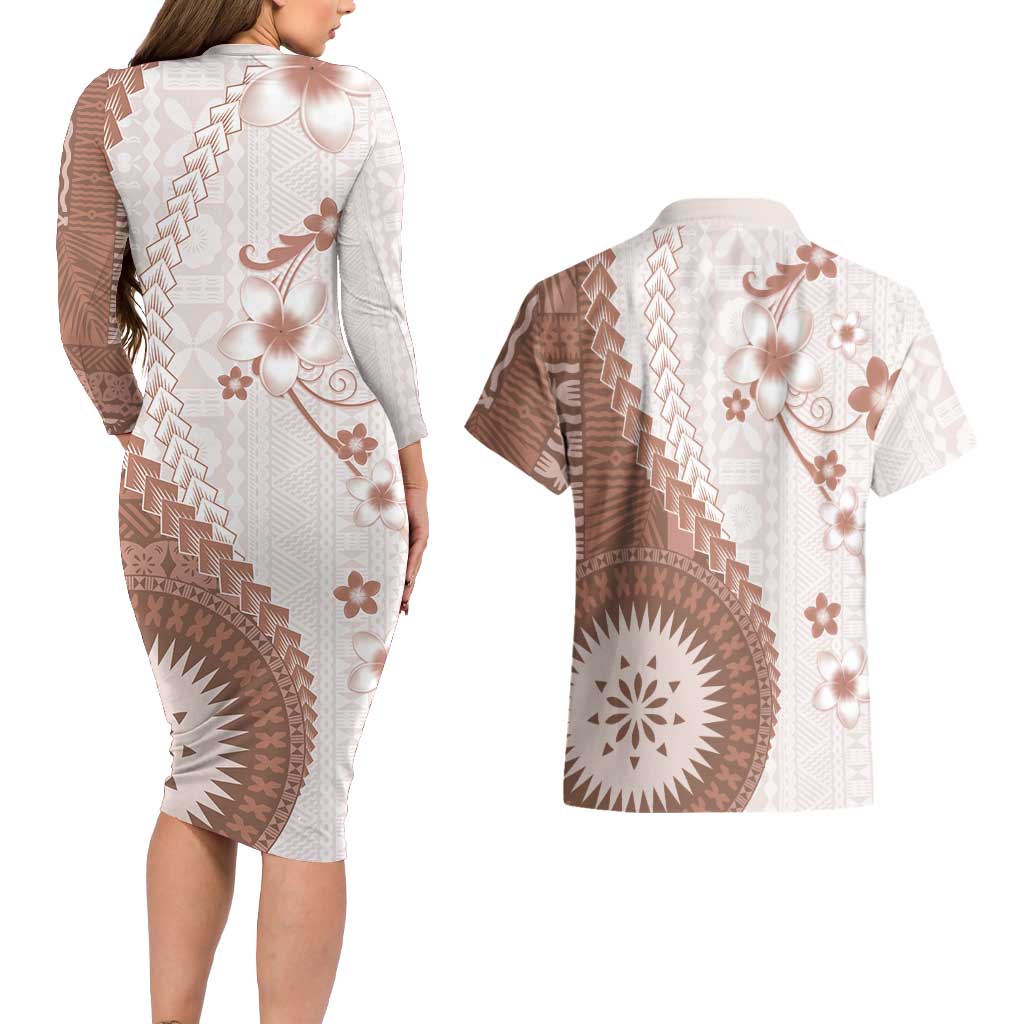 Bula Fiji Couples Matching Long Sleeve Bodycon Dress and Hawaiian Shirt Brown Plumeria Masi Tapa Pattern - Polynesian Pride