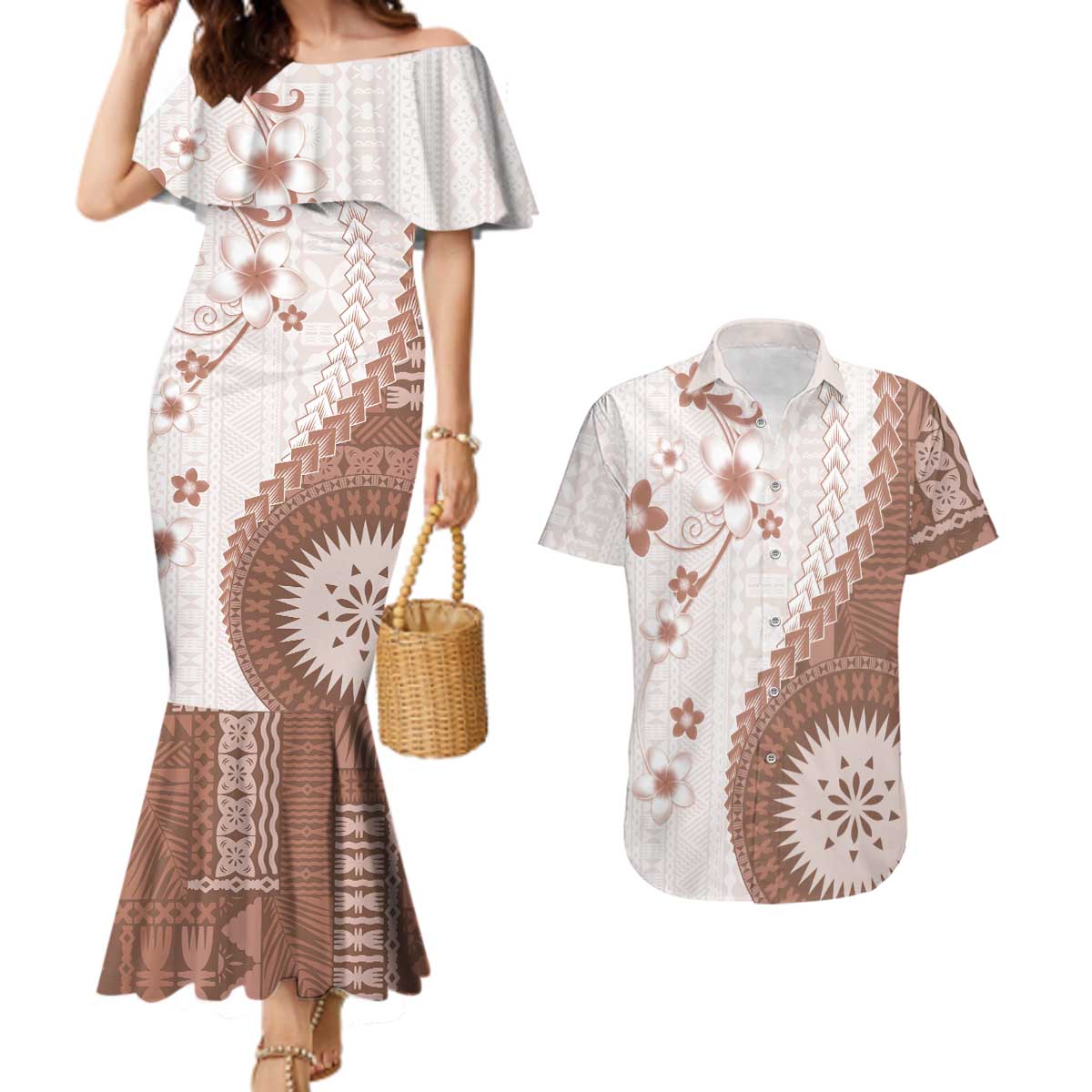 Bula Fiji Couples Matching Mermaid Dress and Hawaiian Shirt Brown Plumeria Masi Tapa Pattern - Polynesian Pride