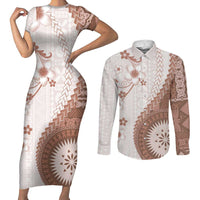 Bula Fiji Couples Matching Short Sleeve Bodycon Dress and Long Sleeve Button Shirt Brown Plumeria Masi Tapa Pattern - Polynesian Pride