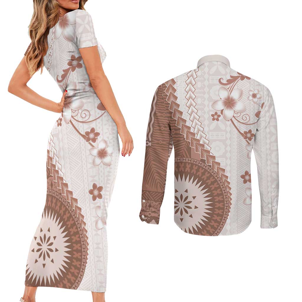 Bula Fiji Couples Matching Short Sleeve Bodycon Dress and Long Sleeve Button Shirt Brown Plumeria Masi Tapa Pattern - Polynesian Pride