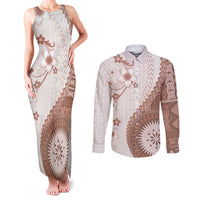 Bula Fiji Couples Matching Tank Maxi Dress and Long Sleeve Button Shirt Brown Plumeria Masi Tapa Pattern - Polynesian Pride