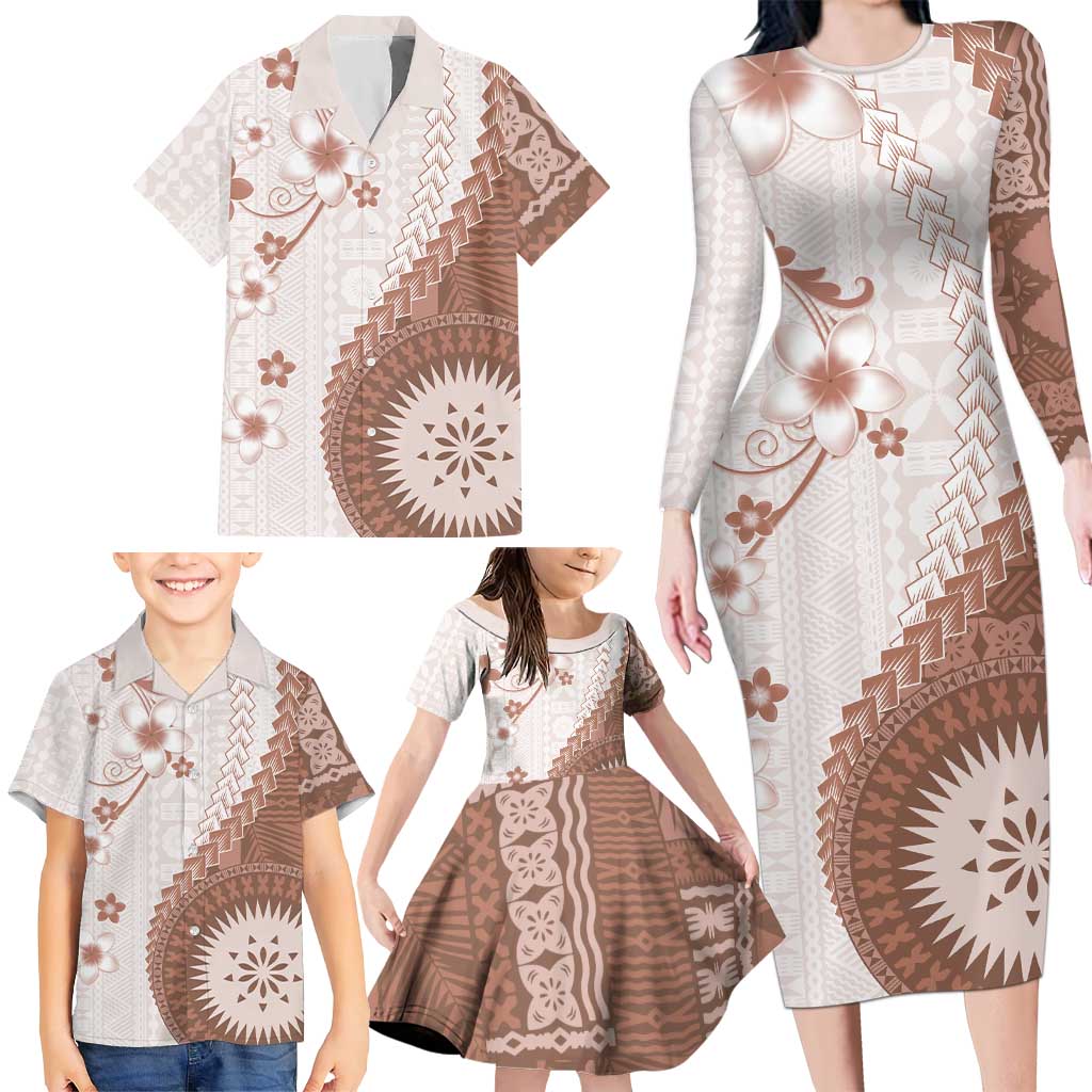 Bula Fiji Family Matching Long Sleeve Bodycon Dress and Hawaiian Shirt Brown Plumeria Masi Tapa Pattern LT05 - Polynesian Pride