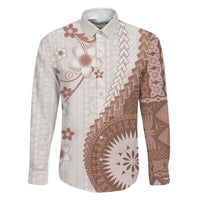 Bula Fiji Family Matching Mermaid Dress and Hawaiian Shirt Brown Plumeria Masi Tapa Pattern LT05 Dad's Shirt - Long Sleeve Brown - Polynesian Pride