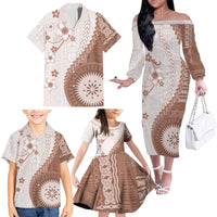 Bula Fiji Family Matching Off The Shoulder Long Sleeve Dress and Hawaiian Shirt Brown Plumeria Masi Tapa Pattern LT05 - Polynesian Pride