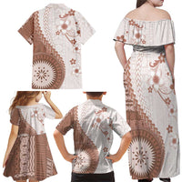 Bula Fiji Family Matching Off Shoulder Maxi Dress and Hawaiian Shirt Brown Plumeria Masi Tapa Pattern LT05 - Polynesian Pride