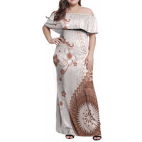 Bula Fiji Family Matching Off Shoulder Maxi Dress and Hawaiian Shirt Brown Plumeria Masi Tapa Pattern LT05 Mom's Dress Brown - Polynesian Pride