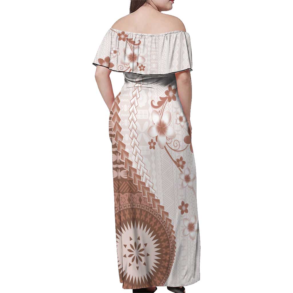 Bula Fiji Family Matching Off Shoulder Maxi Dress and Hawaiian Shirt Brown Plumeria Masi Tapa Pattern LT05 - Polynesian Pride