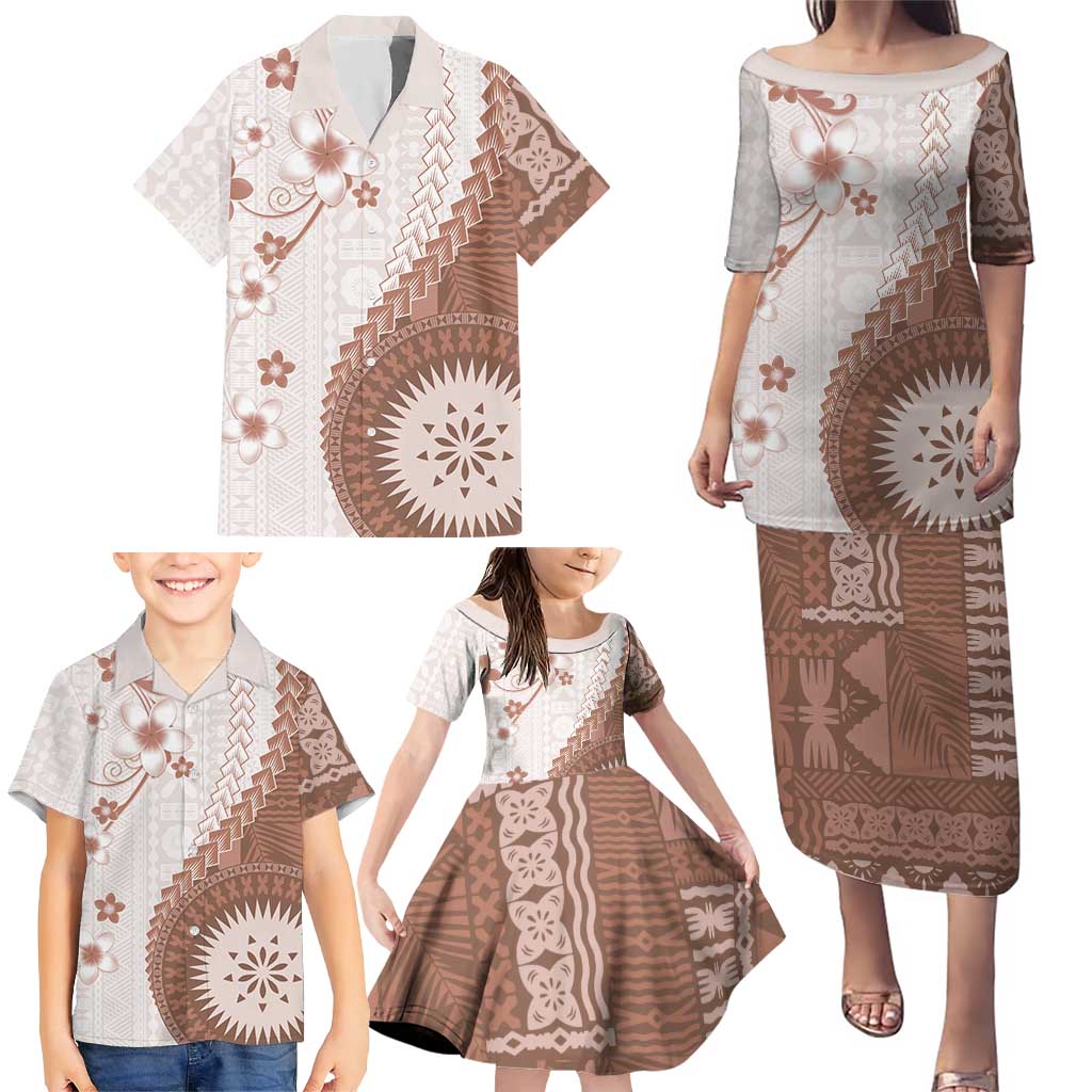 Bula Fiji Family Matching Puletasi and Hawaiian Shirt Brown Plumeria Masi Tapa Pattern - Polynesian Pride