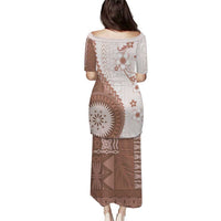 Bula Fiji Family Matching Puletasi and Hawaiian Shirt Brown Plumeria Masi Tapa Pattern - Polynesian Pride