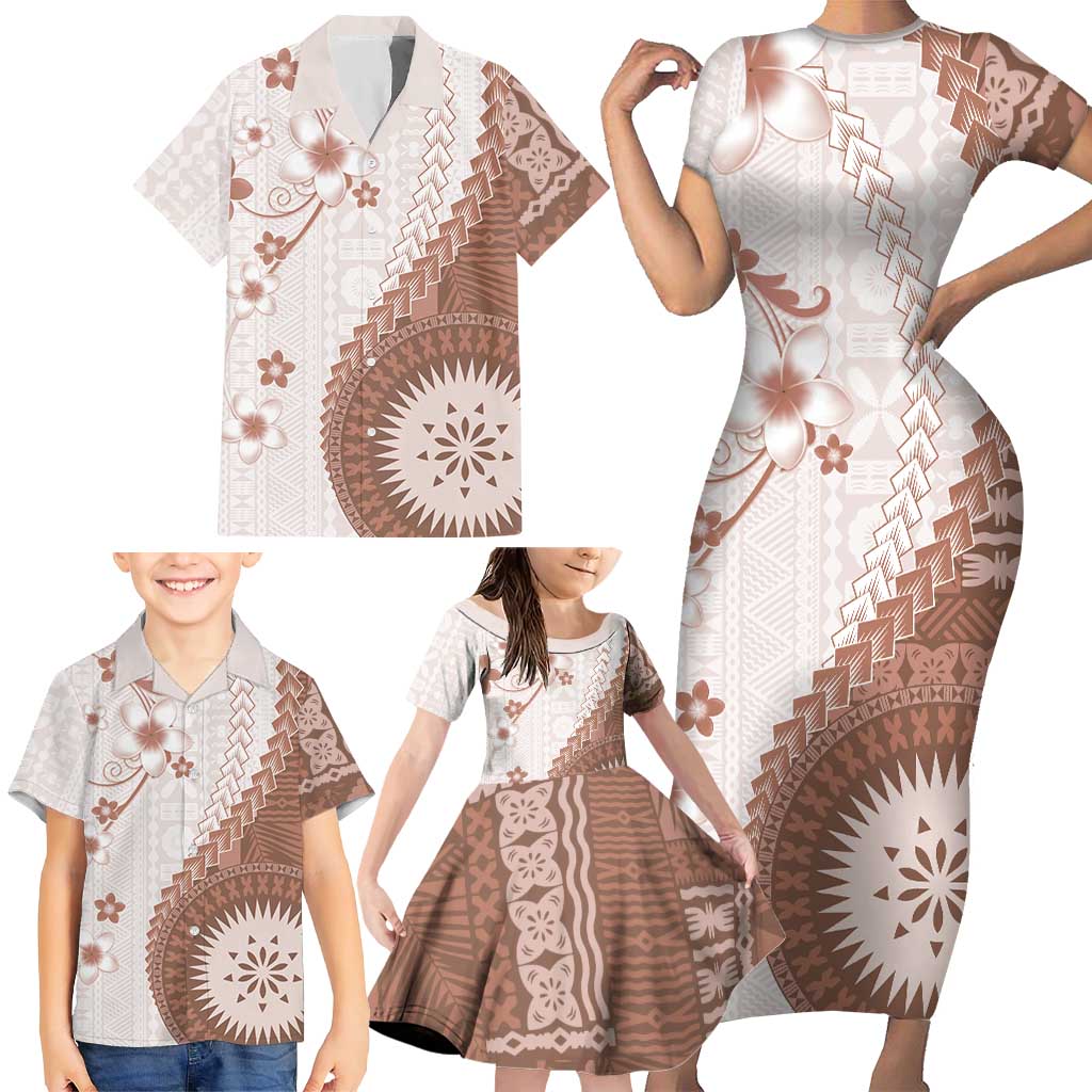 Bula Fiji Family Matching Short Sleeve Bodycon Dress and Hawaiian Shirt Brown Plumeria Masi Tapa Pattern - Polynesian Pride
