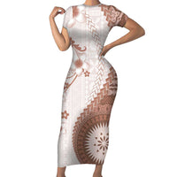 Bula Fiji Family Matching Short Sleeve Bodycon Dress and Hawaiian Shirt Brown Plumeria Masi Tapa Pattern LT05 Mom's Dress Brown - Polynesian Pride
