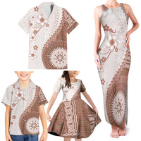 Bula Fiji Family Matching Tank Maxi Dress and Hawaiian Shirt Brown Plumeria Masi Tapa Pattern LT05 - Polynesian Pride