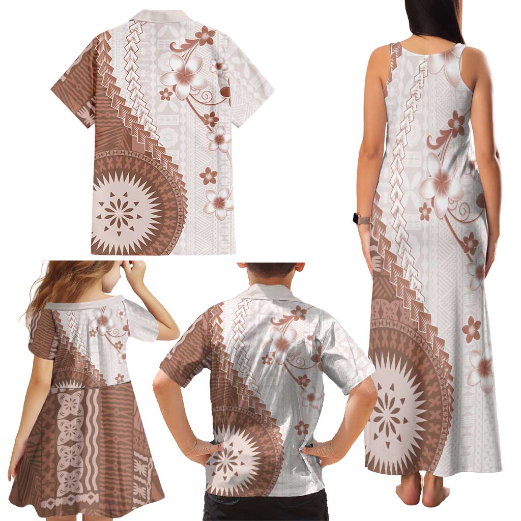 Bula Fiji Family Matching Tank Maxi Dress and Hawaiian Shirt Brown Plumeria Masi Tapa Pattern LT05 - Polynesian Pride
