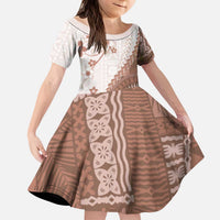 Bula Fiji Kid Short Sleeve Dress Brown Plumeria Masi Tapa Pattern - Polynesian Pride