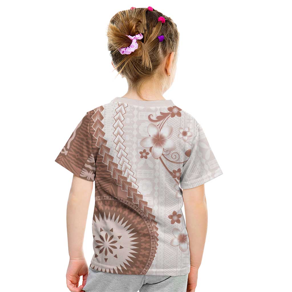 Bula Fiji Kid T Shirt Brown Plumeria Masi Tapa Pattern - Polynesian Pride