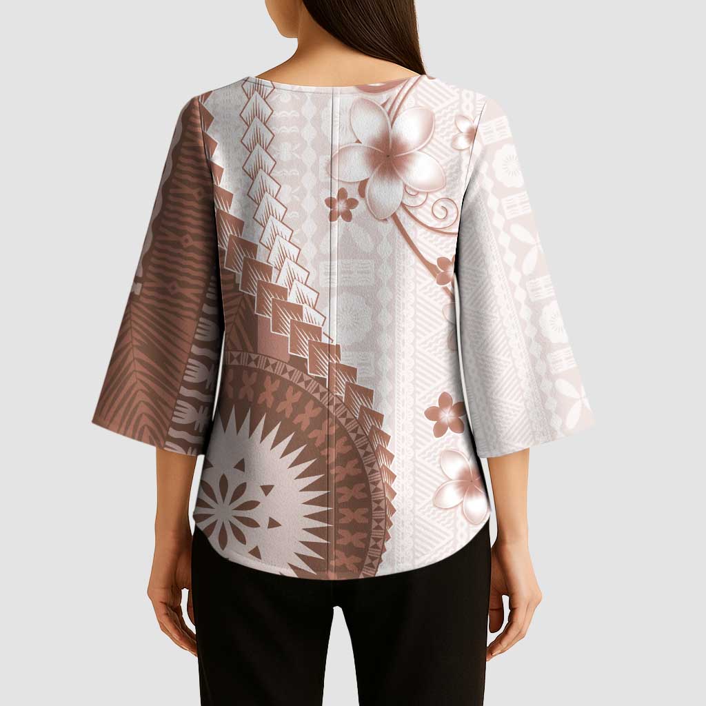 Bula Fiji Kimono Sleeve Blouse Brown Plumeria Masi Tapa Pattern - Polynesian Pride