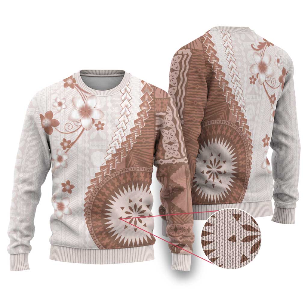 Bula Fiji Ugly Christmas Sweater Brown Plumeria Masi Tapa Pattern - Polynesian Pride