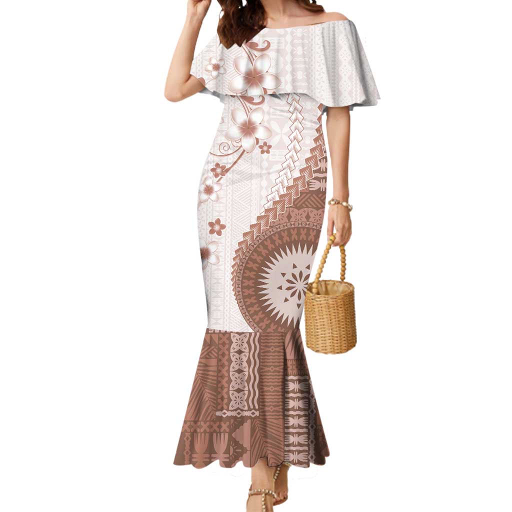 Bula Fiji Mermaid Dress Brown Plumeria Masi Tapa Pattern - Polynesian Pride