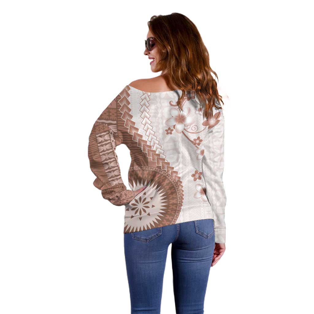 Bula Fiji Off Shoulder Sweater Brown Plumeria Masi Tapa Pattern - Polynesian Pride