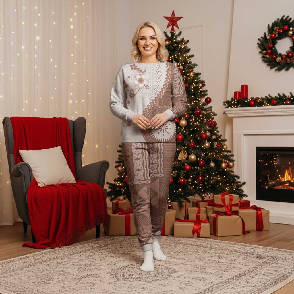 Bula Fiji Christmas Pajama Set Brown Plumeria Masi Tapa Pattern - Polynesian Pride