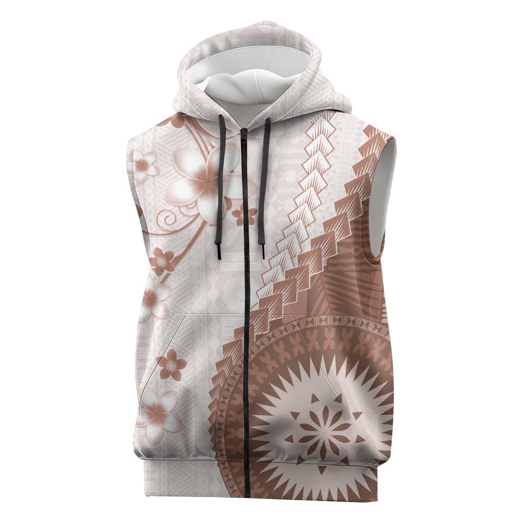Bula Fiji Sleeveless Zip Hoodie Brown Plumeria Masi Tapa Pattern - Polynesian Pride