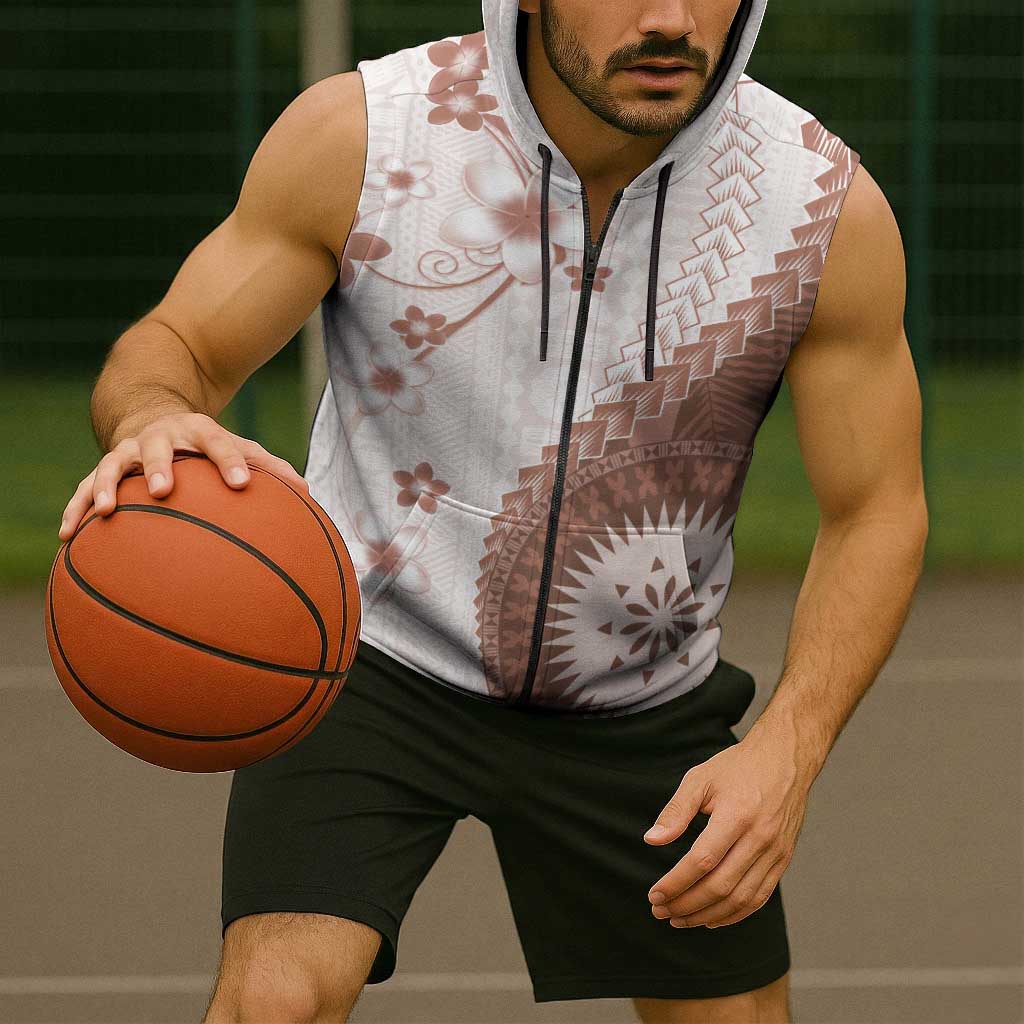 Bula Fiji Sleeveless Zip Hoodie Brown Plumeria Masi Tapa Pattern - Polynesian Pride