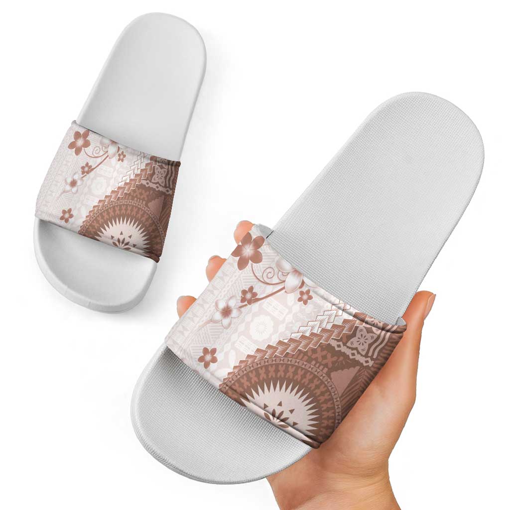 Bula Fiji Slide Sandals Brown Plumeria Masi Tapa Pattern - Polynesian Pride